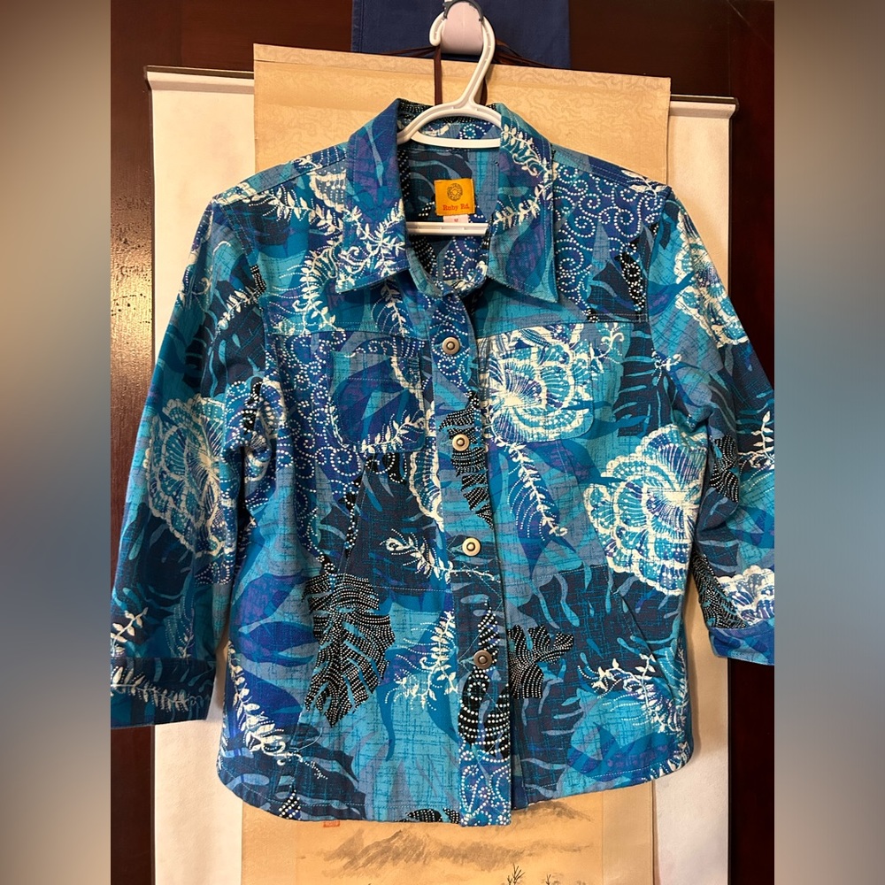 Ruby Rd Womens Blue Button Front Denim Jacket 3/4 Sleeve Collared Cotton Size 12